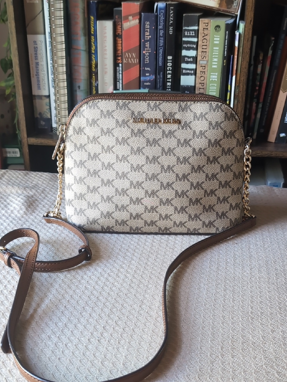 Michael Kors Tan and Brown Signature Crossbody with Gold Hardware